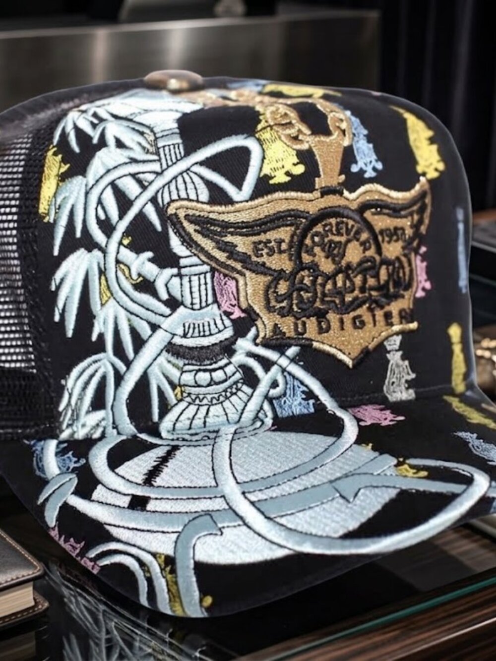 Vintage Christian Audigier Hat Hookah Pipe Black Gold Y2K Trucker Snapback NOS